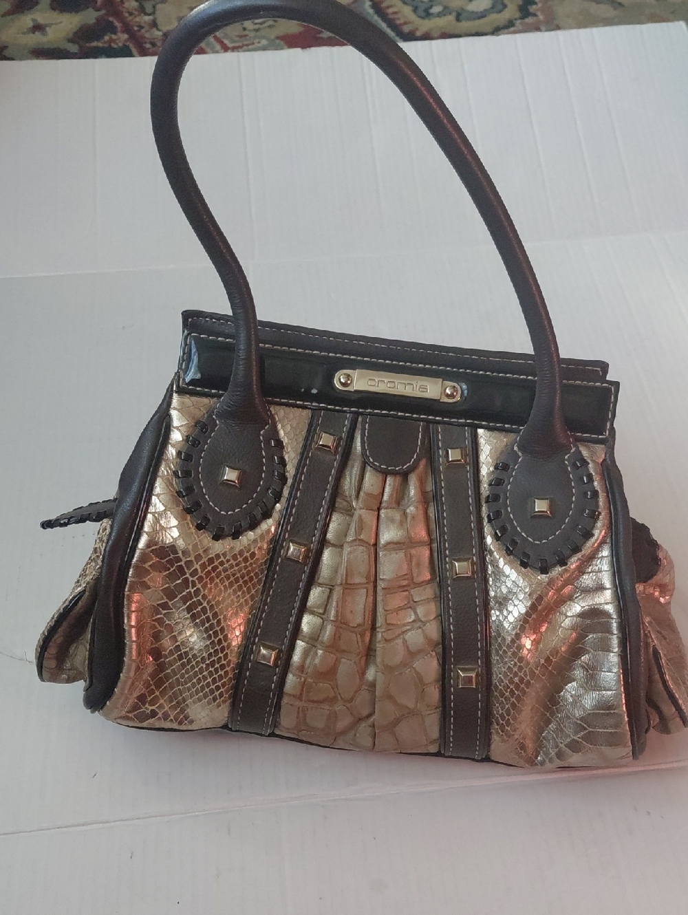 Cromia Womens Metallic Gold And Brown Croc-Texture Satchel Genuine Leather Italy
